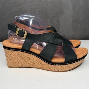 Clarks Cork Wedge Sandals Womens Sz 10W Elleri Rae Black Nubuck Leather Comfort